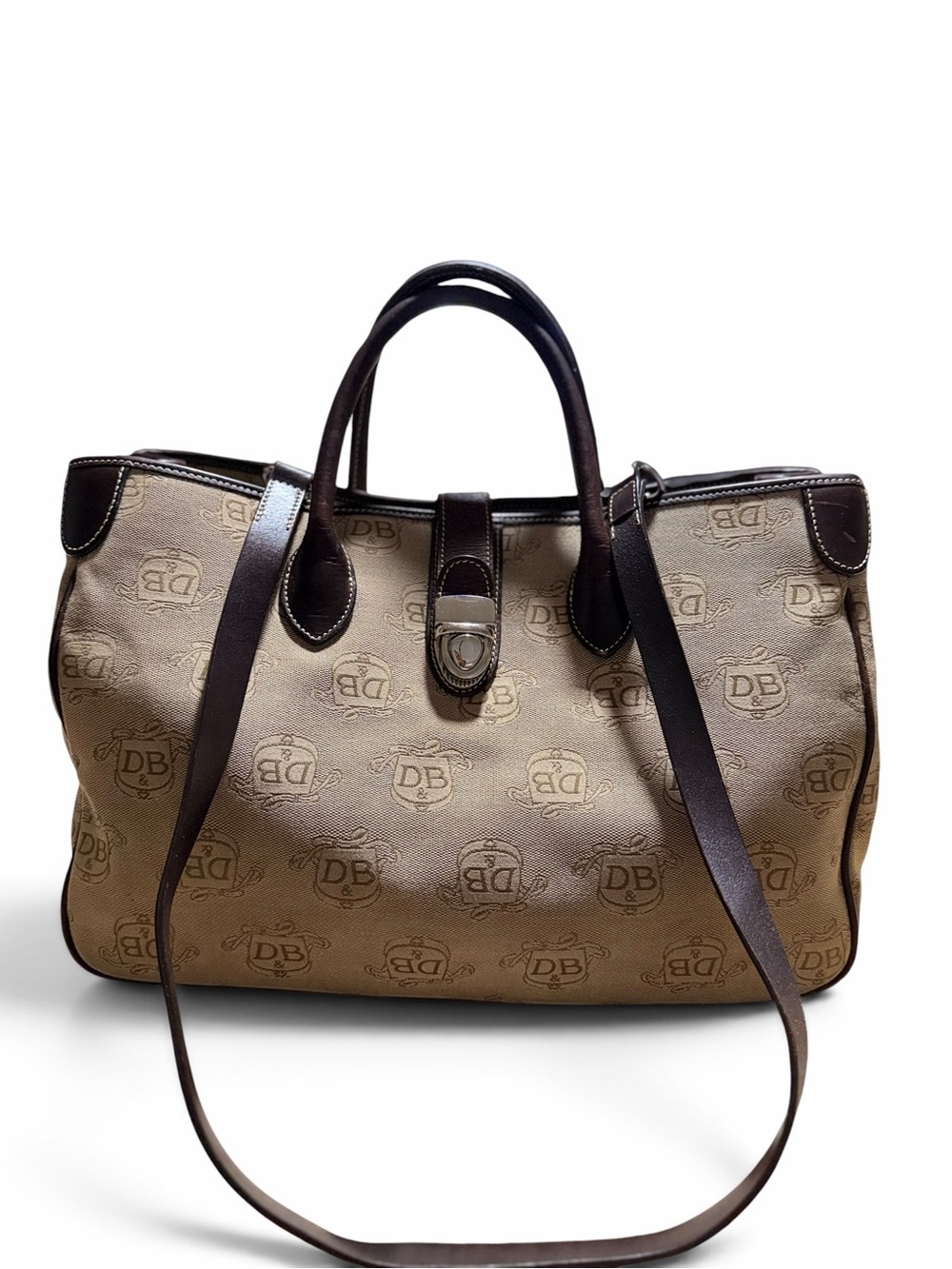 Dooney & Bourke Beige Logo Tote with Dark Brown Leather Trim